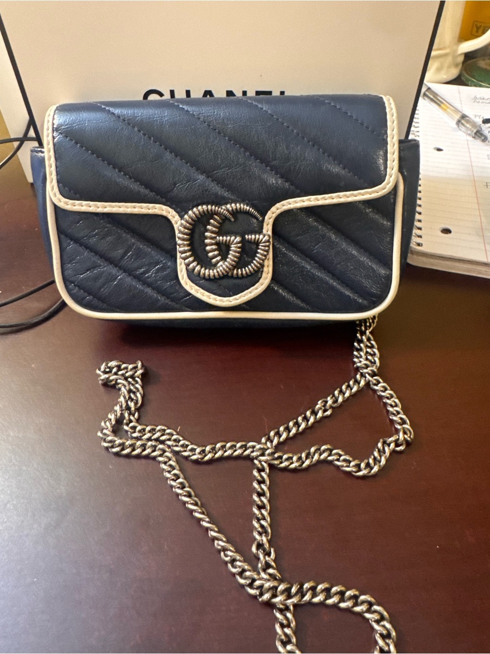 Gucci Navy Blue and White GG Mini Flap Crossbody Bag